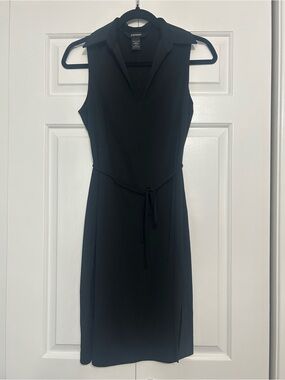 Vintage Y2K Express Sleeveless Black Collared Midi Dress Tie Waist & Side Slits